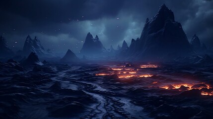 a video game showing a rocky landscape with a body of water and mountains - Powered by Adobe