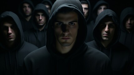 Fototapeta premium Young, attractive men in hoods against a backdrop of solid black