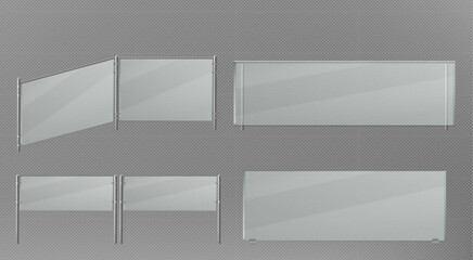 Glass handrails set isolated on transparent background. Vector realistic illustration of 3D plastic barrier, stairs balustrade for home or office interior design, plexiglass fence on metal poles