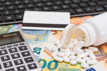 Ordering Medicines. Expensive Medicine and Inflation Concept: Pills and Capsules on the Euro Banknotes. Global Pharmaceutical Industry and Big Pharma. Trade in Medicines