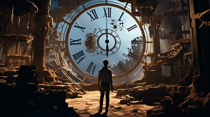 a man standing in a room with a large clock - obrazy, fototapety, plakaty