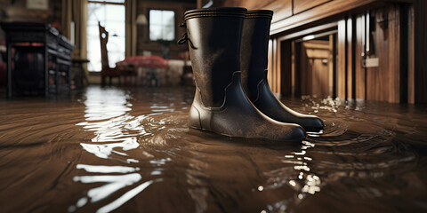 Boots Flooded House Closeup - Home Rain Flood Detail - obrazy, fototapety, plakaty