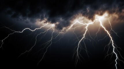Lightning and thunderclap isolated on a black background to overlay on your photos. Lightning in the night sky. Thunderstorm