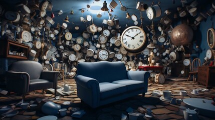 a room with a wall of clocks
