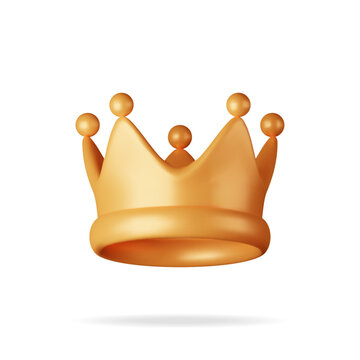 3D Gold Crown Icon Isolated on White. Render Golden Crown Emoji Symbol. Emoticon for VIP, Rich, Winner Luxury Premium Success. Customer Feedback, Rating or Status Signs. Realistic Vector Illustration