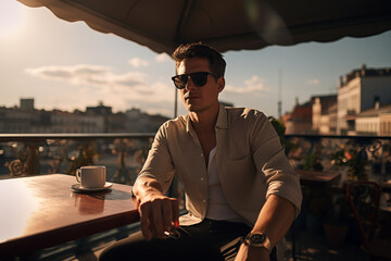Man with sunglasses drinking a cup of coffee in a rooftop cafe