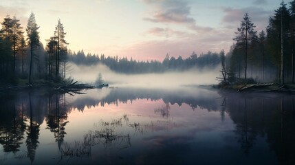 Fototapeta premium a foggy lake with trees and a sunset