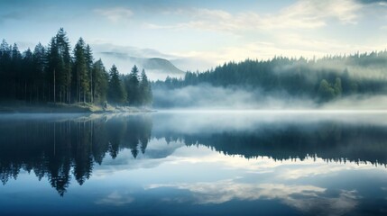 Fototapeta premium a lake with trees and mountains in the background