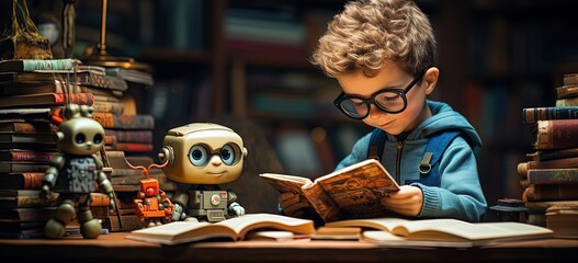 Young boy immersed in reading surrounded by books and robots - obrazy, fototapety, plakaty