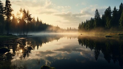 a lake surrounded by trees - obrazy, fototapety, plakaty