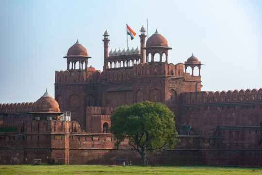 Red Fort or Lal Qila with Indian Flag. UNESCO World Heritage Site