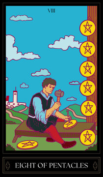 Tarot Card Illustration isolated on white background. eight of pentacles