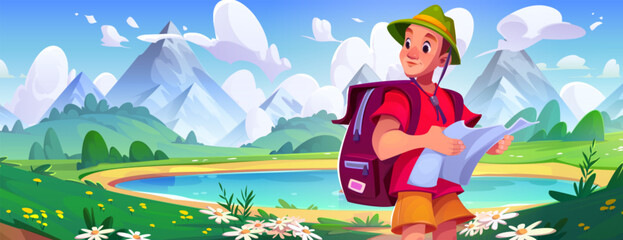 Male tourist hiking near mountain lake. Vector cartoon illustration of young man traveling with backpack and map, beautiful green valley with flowers, summer vacation, outdoor recreation activity