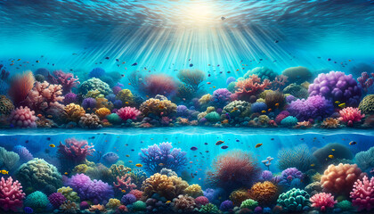 the vibrant underwater coral reef ecosystem with sunbeams filtering through clear blue water, showcasing a variety of corals in shades of purple, pink, yellow, and orange, with fish swimming around