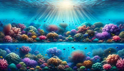 Poster the vibrant underwater coral reef ecosystem with sunbeams filtering through clear blue water, showcasing a variety of corals in shades of purple, pink, yellow, and orange, with fish swimming around © auc