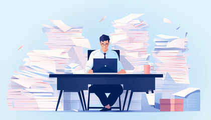 man with huge stacks of paperwork at the desk illustration - obrazy, fototapety, plakaty