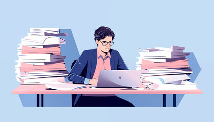 man with huge stacks of paperwork at the desk illustration