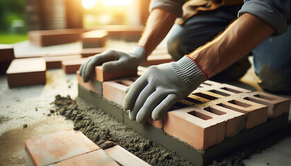 a construction worker laying bricks, scrapers, materials, brick, wall, architecture, industry, concrete, block, hand, building, background - obrazy, fototapety, plakaty