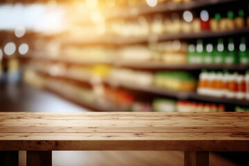 Tabletop view on modern product display in grocery or department store with wooden table and blurred backdrop for advertising and promotion on table showcase. Flawless generative ai