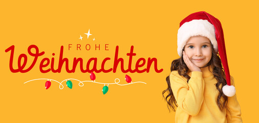 Text FROHE WEIHNACHTEN (German for Merry Christmas) and little girl in Santa hat on yellow background