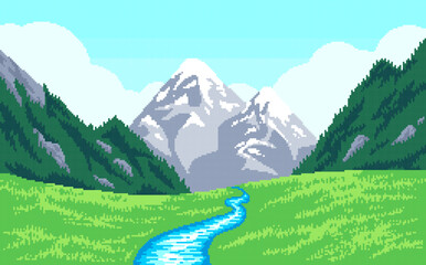 Background for retro games in pixel art style. Valley.