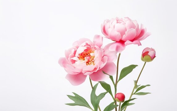 Happy start of spring poster. Pink peony bouquet isolated on white background. Spring flowers, fresh greenery, leafs, stems. Botanical composition in pastel colors. Sale banner design. AI Generative.