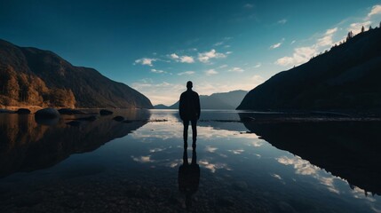 Fototapeta premium a person standing in a body of water with mountains in the background