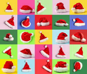 Set of Santa hats on colorful background