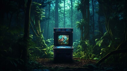 a video game console in a forest - obrazy, fototapety, plakaty