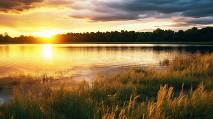 a body of water with grass and trees around it - obrazy, fototapety, plakaty