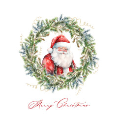 Watercolor Wreath of christmas tree with cute Santa Claus on white background - 682666146
