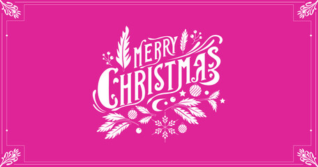 A vector illustration of “Merry Christmas” typography design and holiday elements with a patterned border on a pink background.