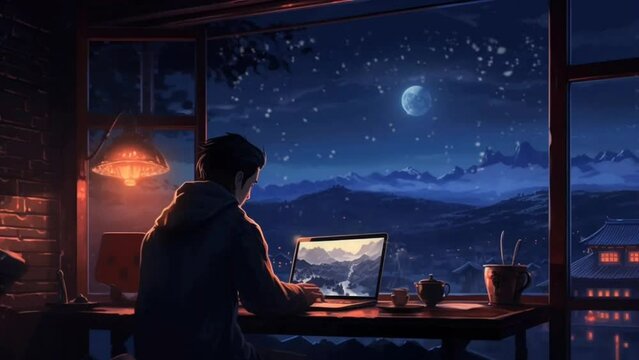 Cartoon characters with a view beyond the windowsill and a cup of coffee and a laptop against a snowy weather background. animation looping footage 4k