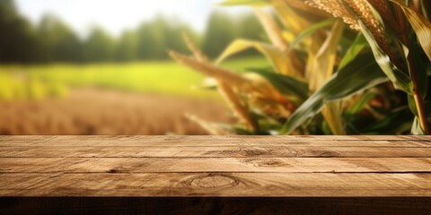 Naklejka premium The empty wooden brown table top with blur background of corn field. Exuberant image. generative AI