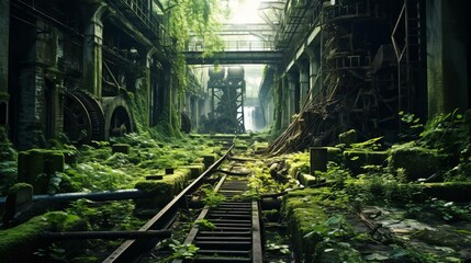 a video game showing a train track and plants - obrazy, fototapety, plakaty