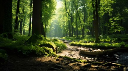 Obraz premium a forest with trees and a fallen tree