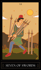 Tarot Card Illustration isolated on white background. seven of swords