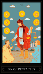 Tarot Card Illustration isolated on white background. six of pentacles