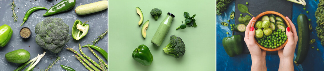 Set of green vegetables and bottle of healthy smoothie