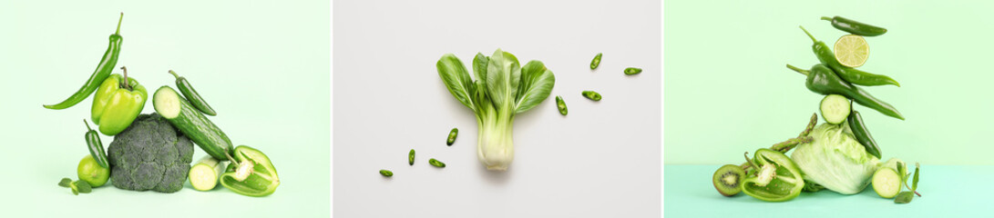 Set of green vegetables on color background