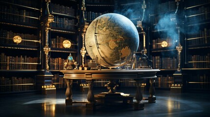 a large globe in a library - obrazy, fototapety, plakaty