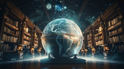 a large globe in a library