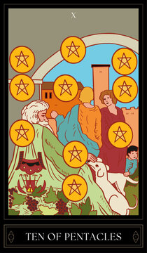 Tarot Card Illustration isolated on white background. ten of pentacles