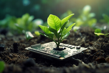 Close up shot of plant sprouts grow up from solid ground through computer mainboard. Eco sustainable computing green motherboard. Generative AI.
