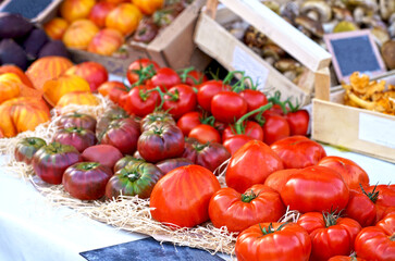 Fototapeta na wymiar Nice. French market. Tomatoes. Tomato background. Tomatoes sold in the fresh market.