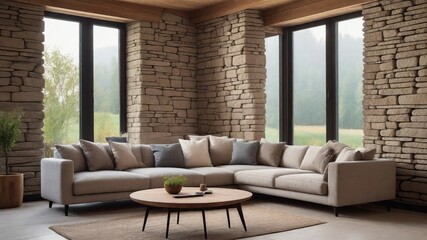 Modern Zen Farmhouse: Corner Sofa Near Window with Stone Cladding Walls - Elegant Interior Design Inspiration