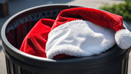 Santa hats and Santa costumes discarded in the trash bin.