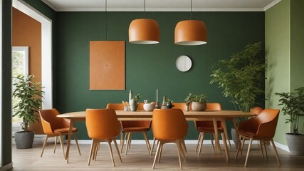 Mid-century Vibes: Orange Leather Chairs And Round Dining Table Against Green Wall - Trendsetting Interior Design