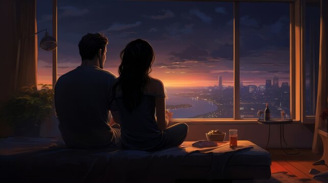 Relaxed Couple Enjoying Quality Time: Watching Movie on Large Screen TV in Cozy Living Room during Evening Leisure