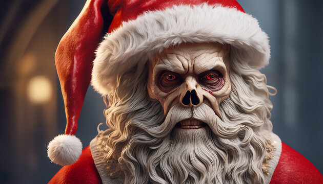Scary red-eyed Santa Claus monster with a skull face, Generative Ai